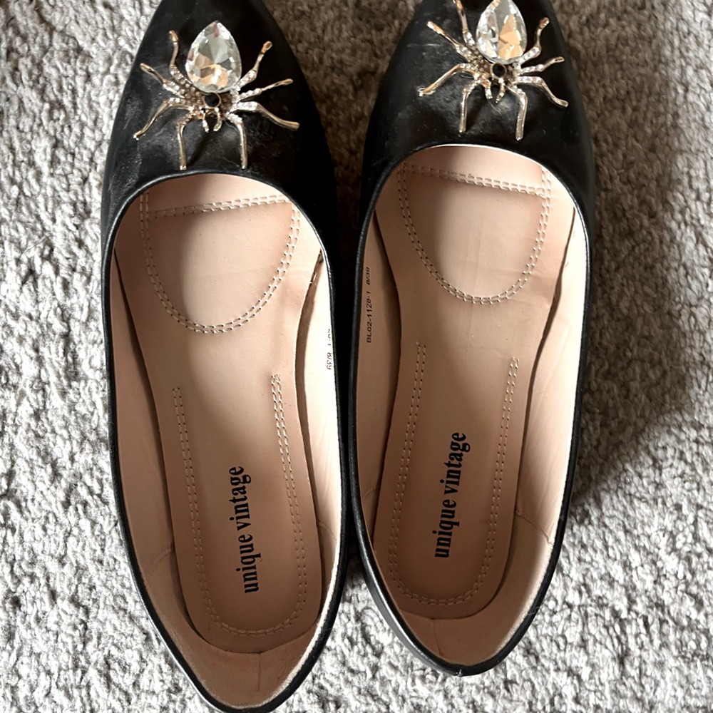 Unique vintage crystal spider flats